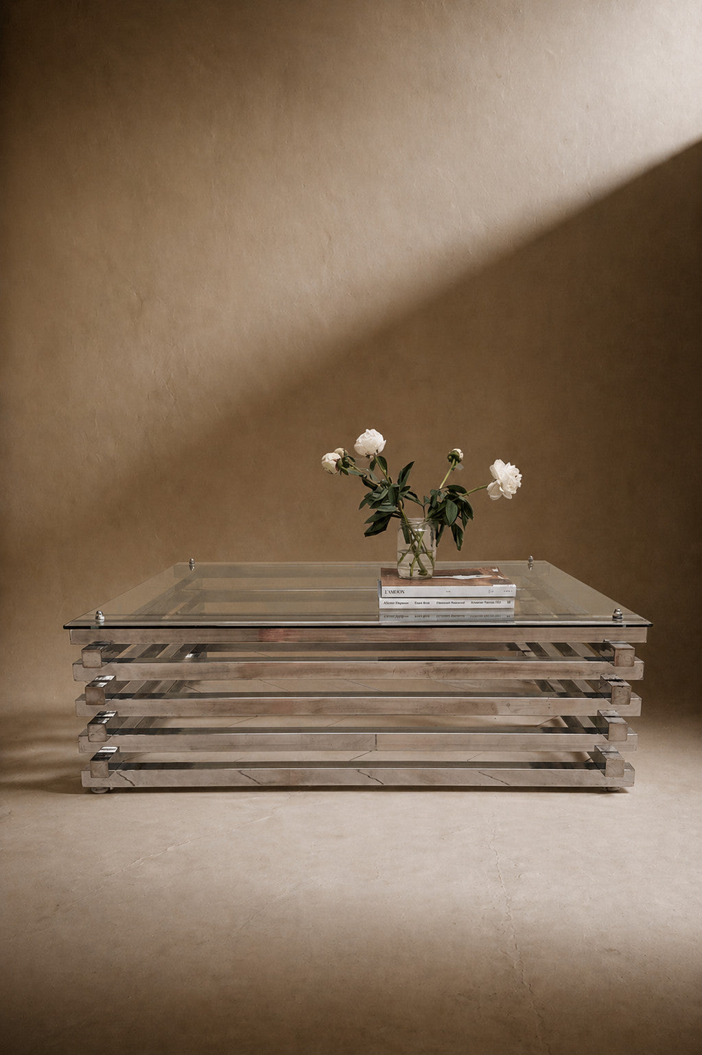 Mid Century Italian Chrome and Glass Coffee Table Stacked Rectangular