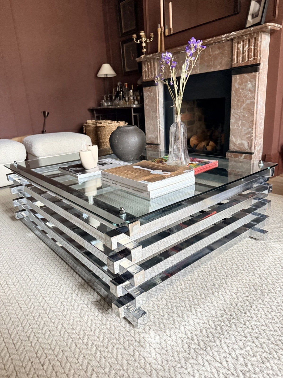 Mid Century Italian Chrome and Glass Coffee Table Stacked Rectangular
