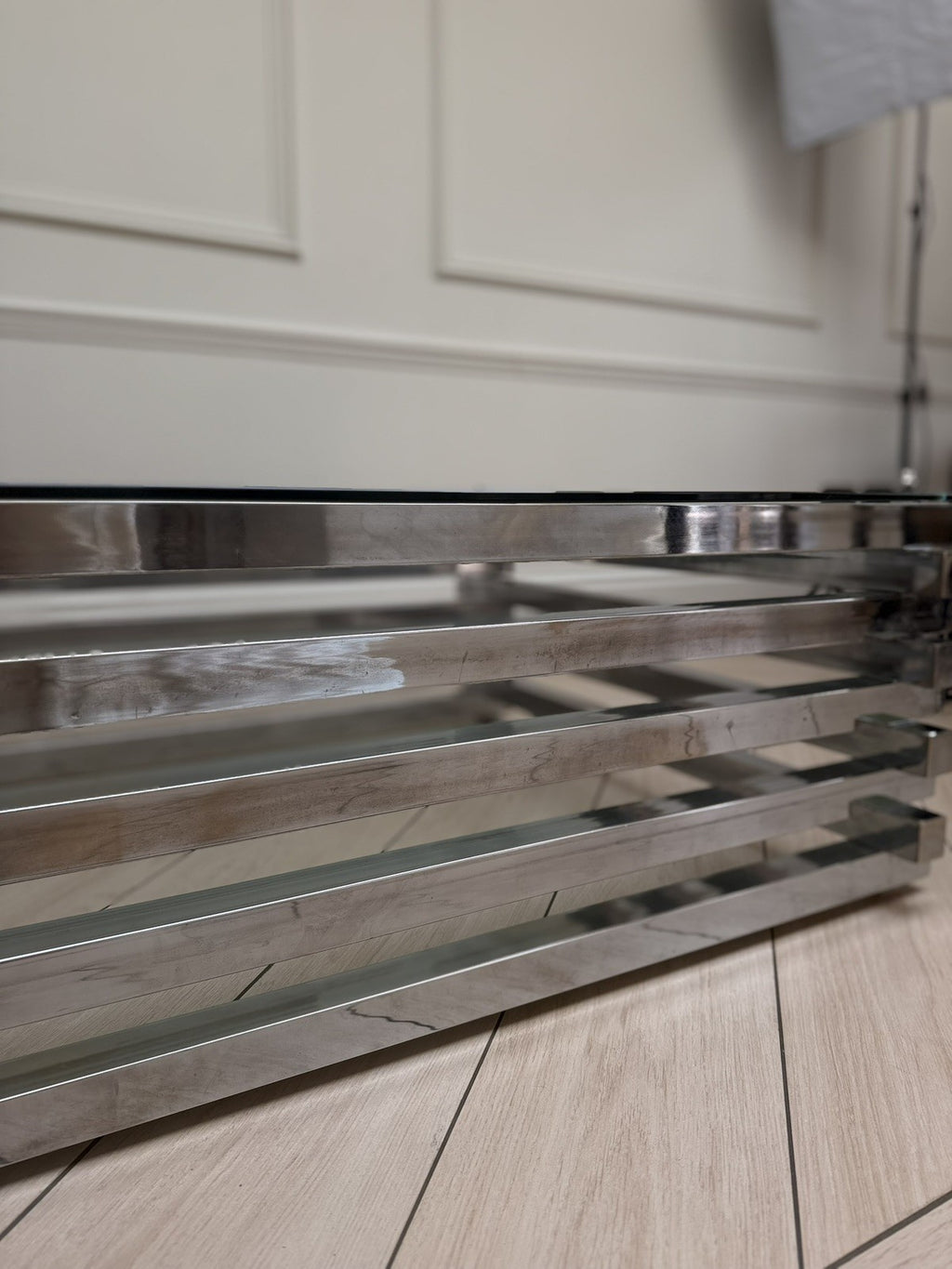 Mid Century Italian Chrome and Glass Coffee Table Stacked Rectangular