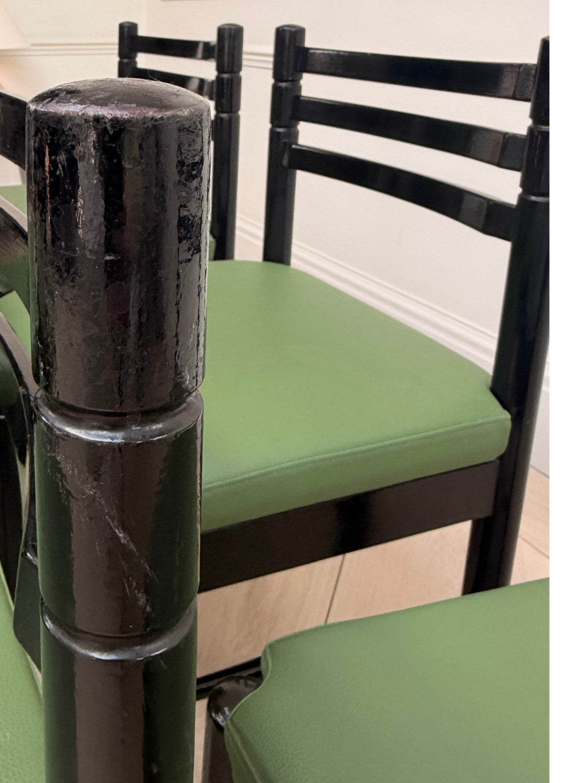 Set 6 Mid Century Style Black Lacquer Dining Chairs Green Upholstered Seats