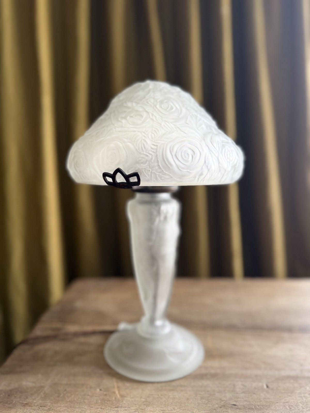 Art Deco Frosted Glass French Mushroom Table Lamp With Rose Relief Shade