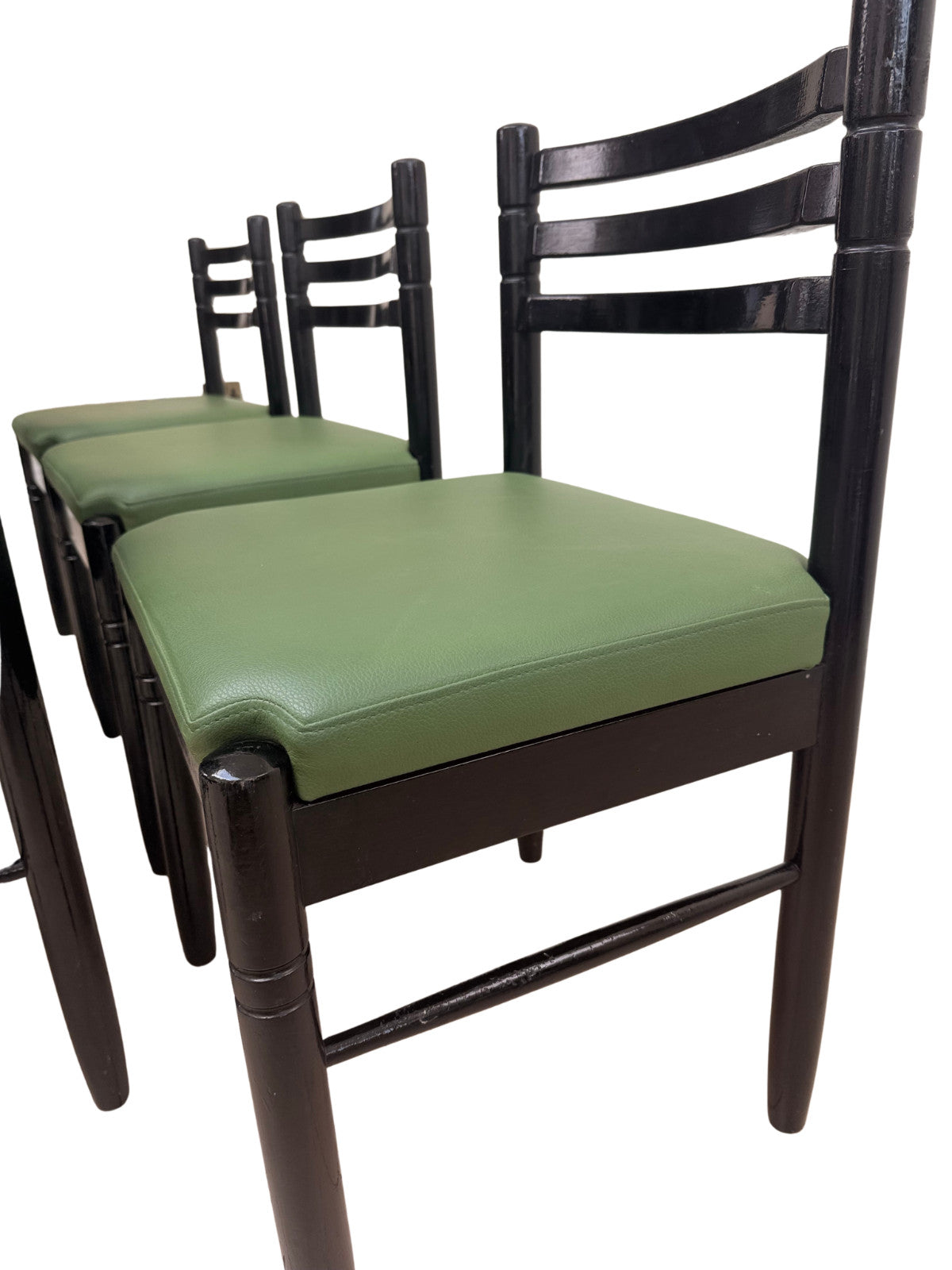 Set 6 Mid Century Style Black Lacquer Dining Chairs Green Upholstered Seats