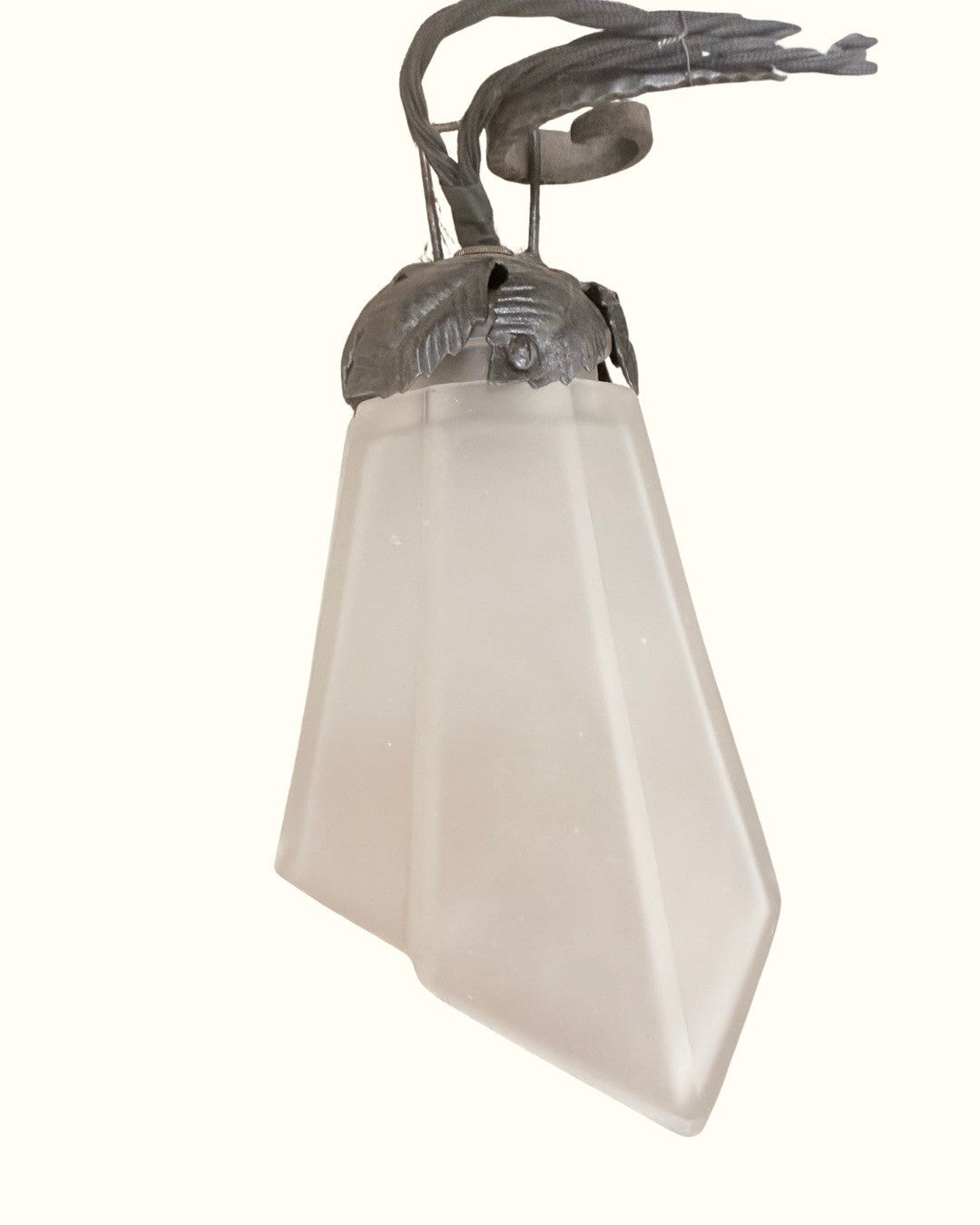 Genet & Michon French Art Nouveau Wrought Iron And Frosted Glass Chandelier