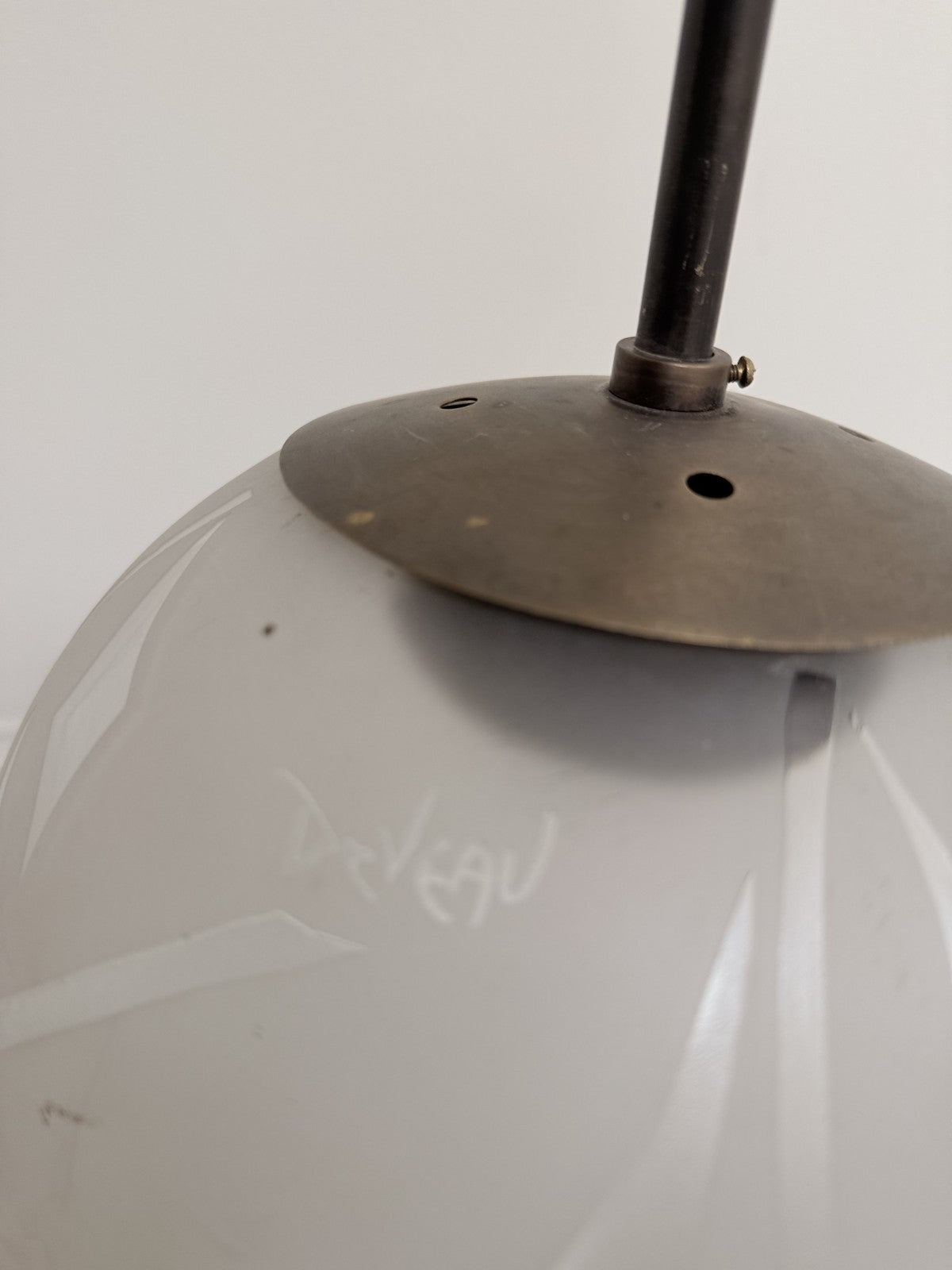 Deveau French Art Deco Frosted Glass And Bronze Pendant Light, France 1930's