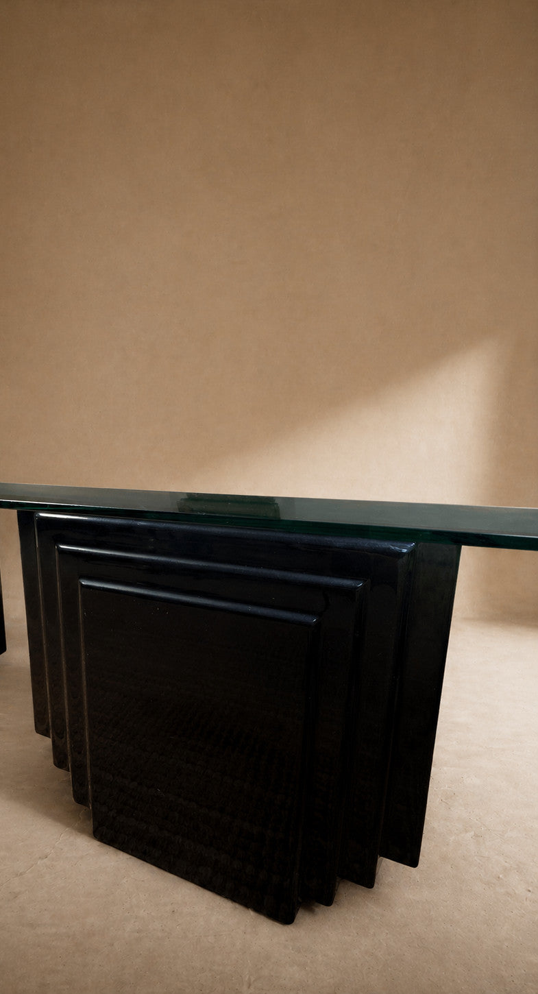 Vintage Mid Century Black Lacquer Glass Coffee Table Brutalist Postmodern