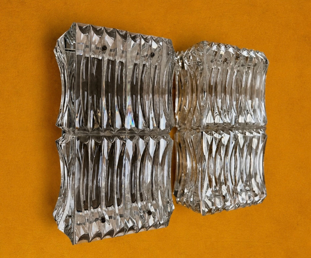 Pair Of Large Mid Century Faceted Glass Wall Sconces With Aged Brass Backplates