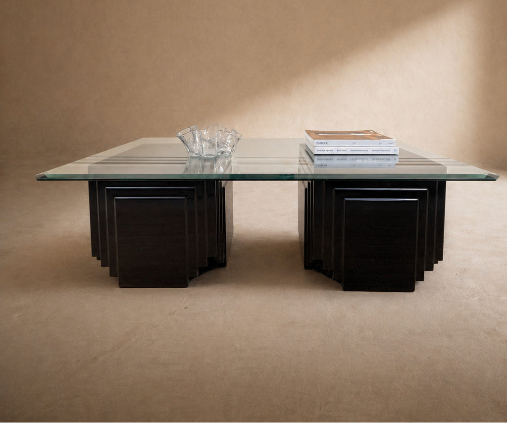 Vintage Mid Century Black Lacquer Glass Coffee Table Brutalist Postmodern