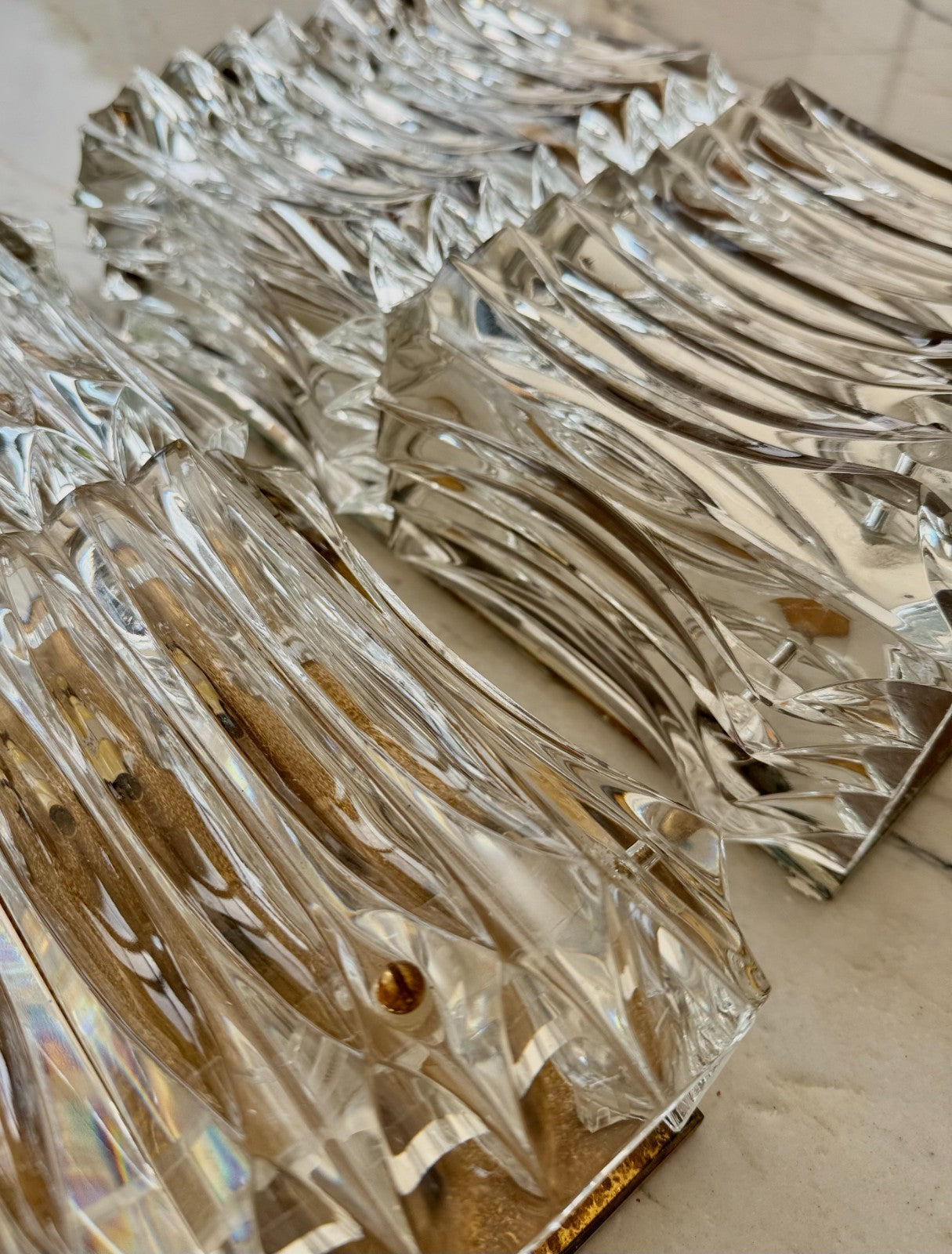 Pair Of Large Mid Century Faceted Glass Wall Sconces With Aged Brass Backplates