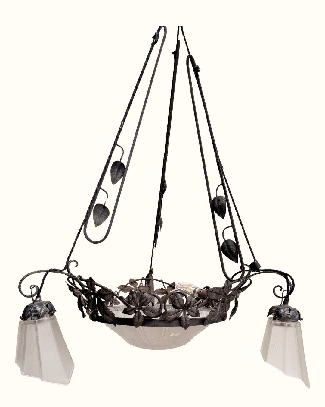 Genet & Michon French Art Nouveau Wrought Iron And Frosted Glass Chandelier