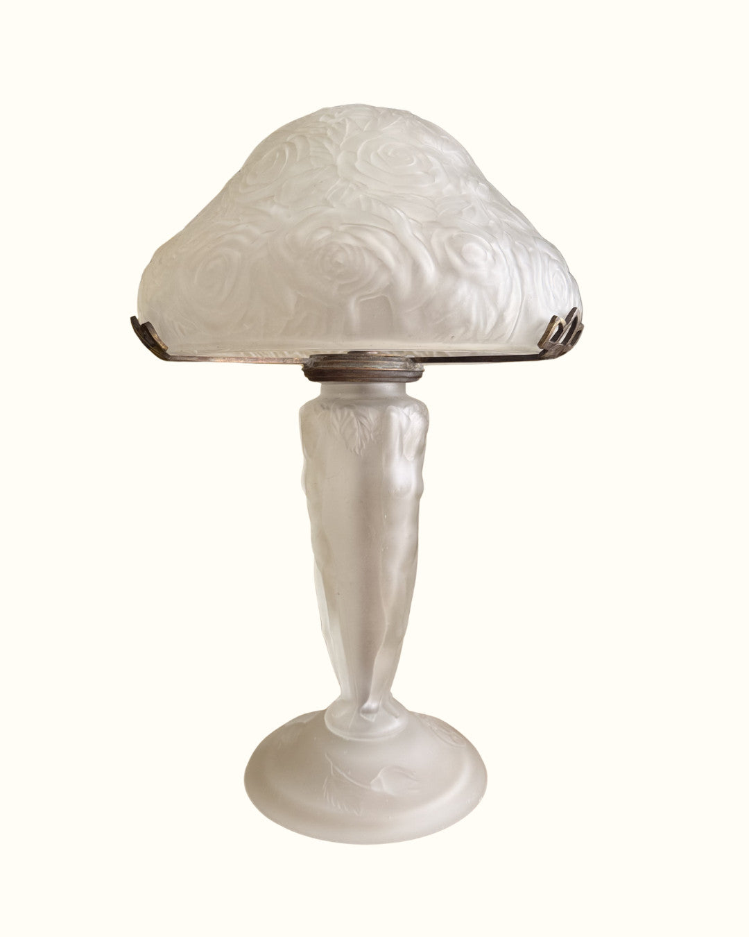 Art Deco Frosted Glass French Mushroom Table Lamp With Rose Relief Shade