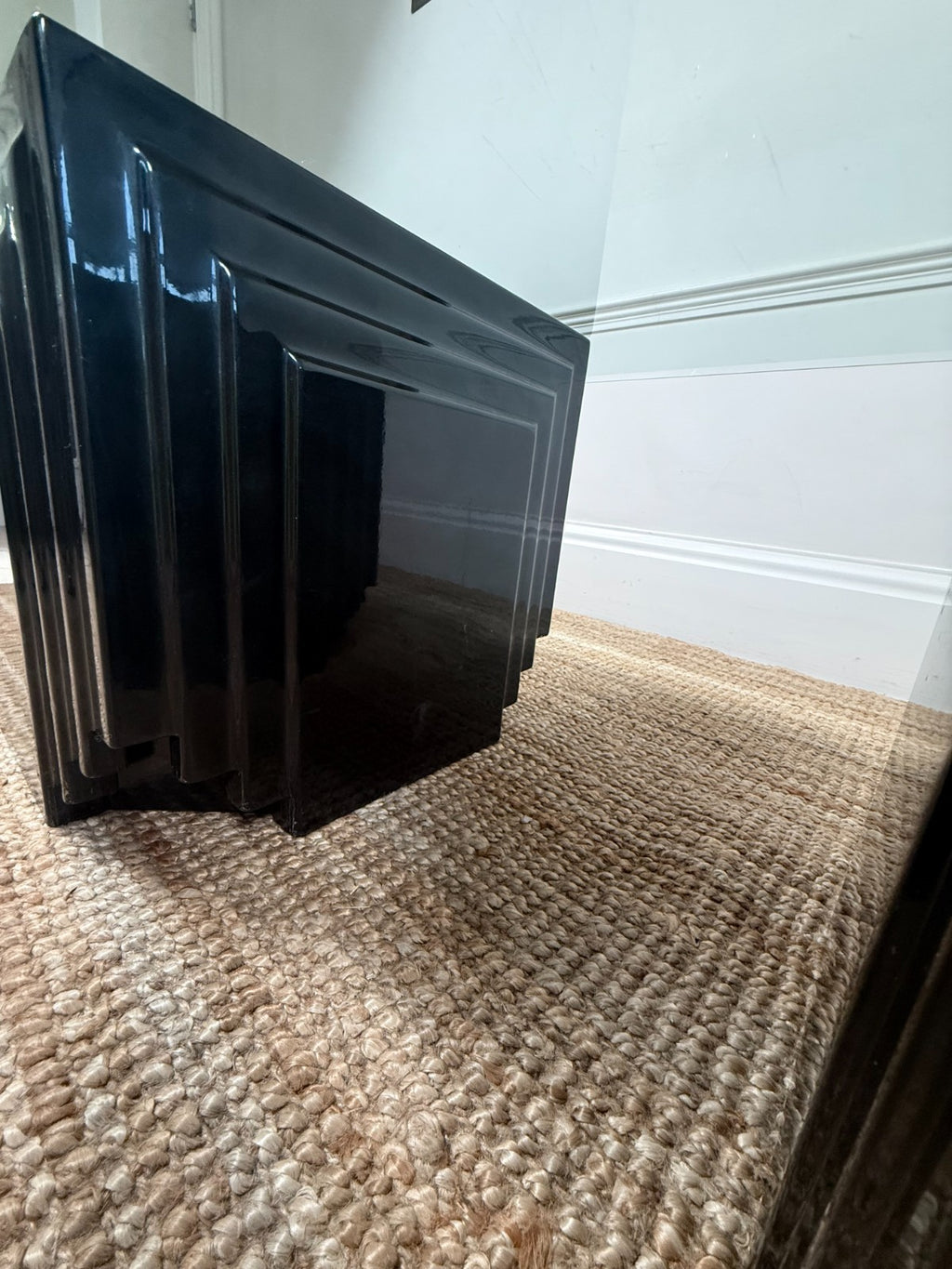 Vintage Mid Century Black Lacquer Glass Coffee Table Brutalist Postmodern