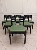 Set 6 Mid Century Style Black Lacquer Dining Chairs Green Upholstered Seats
