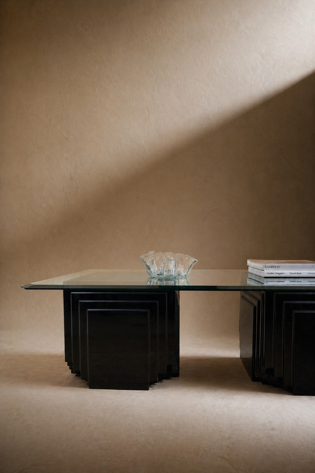 Vintage Mid Century Black Lacquer Glass Coffee Table Brutalist Postmodern