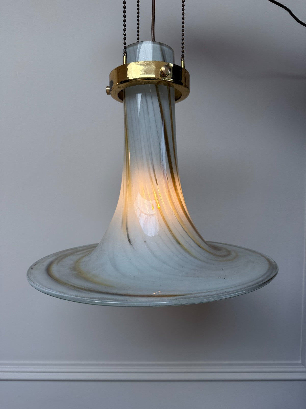 1970’s Mid Century Large Vintage Murano Opaline Swirl Large Glass Pendant Light