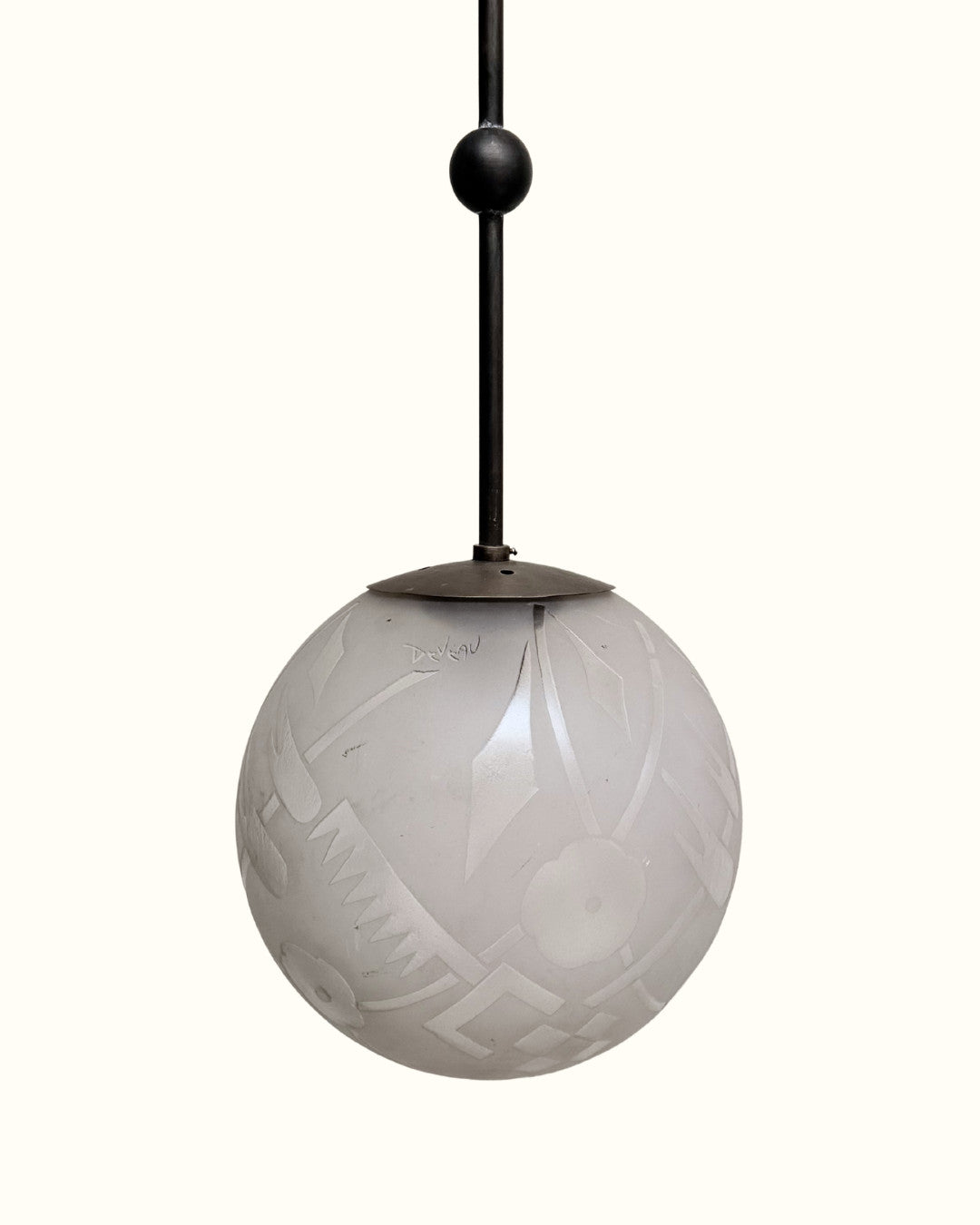 Deveau French Art Deco Frosted Glass And Bronze Pendant Light, France 1930's