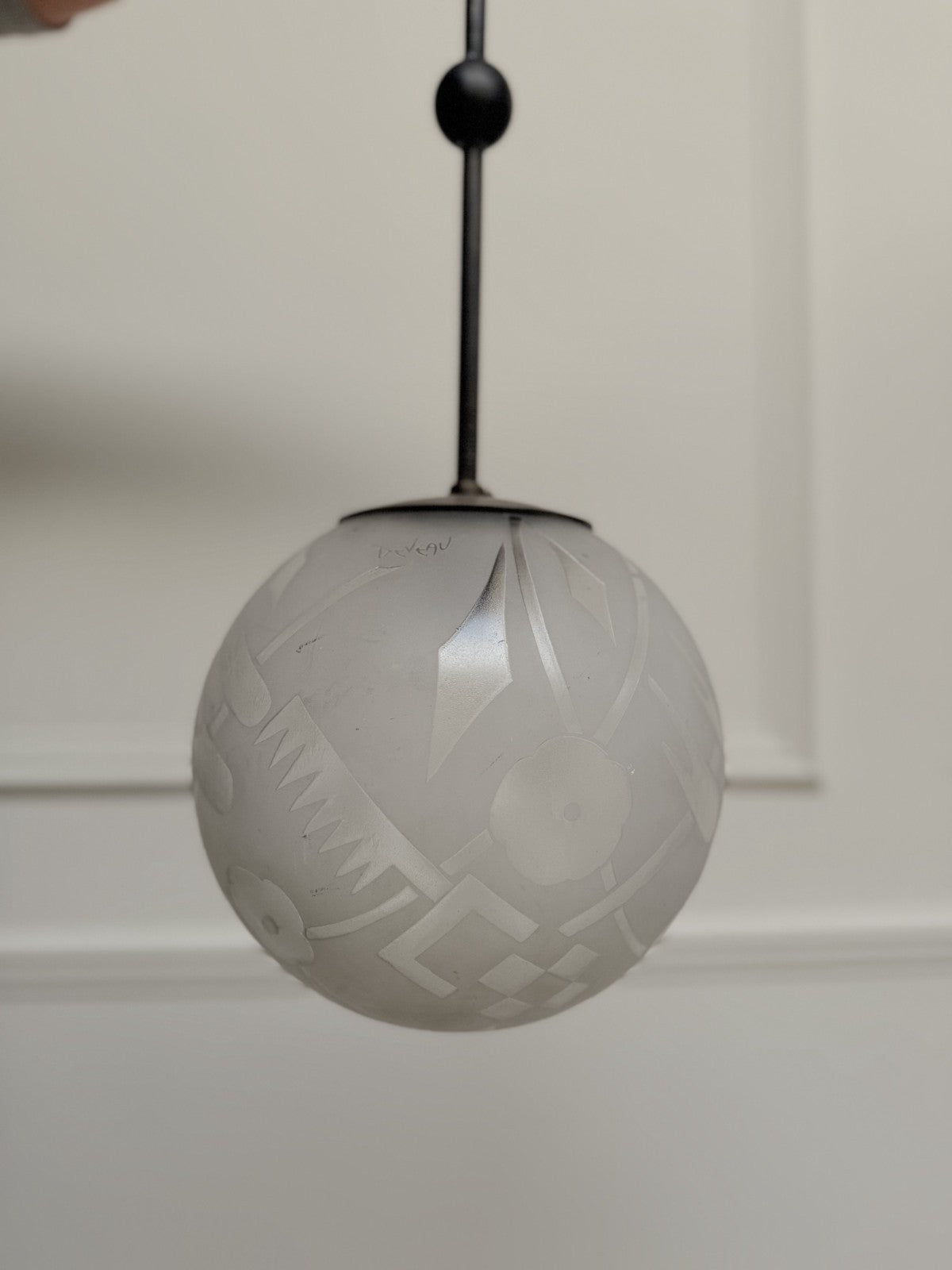 Deveau French Art Deco Frosted Glass And Bronze Pendant Light, France 1930's