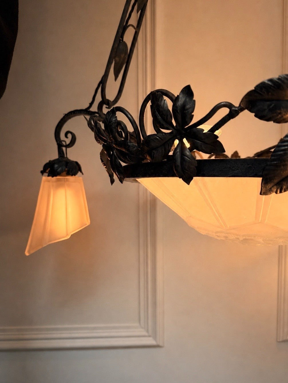 Genet & Michon French Art Nouveau Wrought Iron And Frosted Glass Chandelier