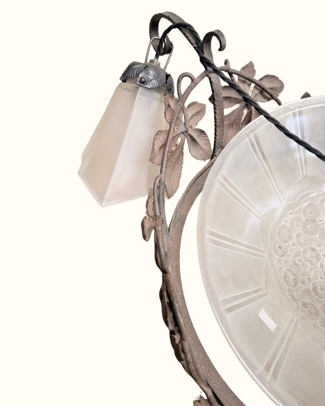Genet & Michon French Art Nouveau Wrought Iron And Frosted Glass Chandelier
