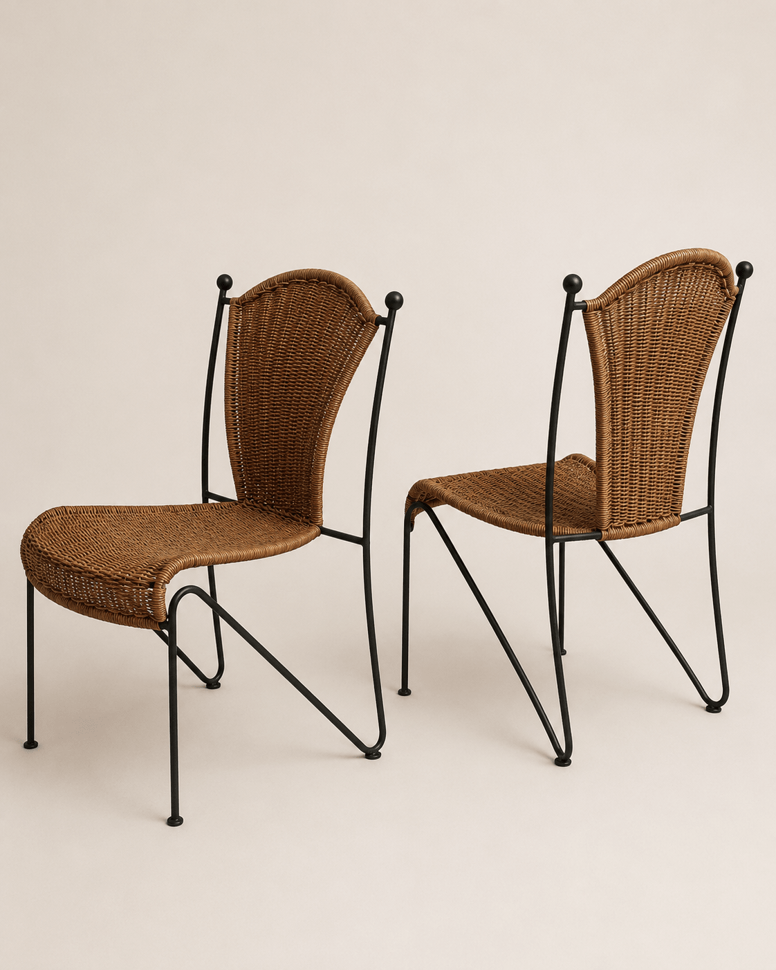 mid-century wicker and iron dining chairs - two chairs shown at opposing angles