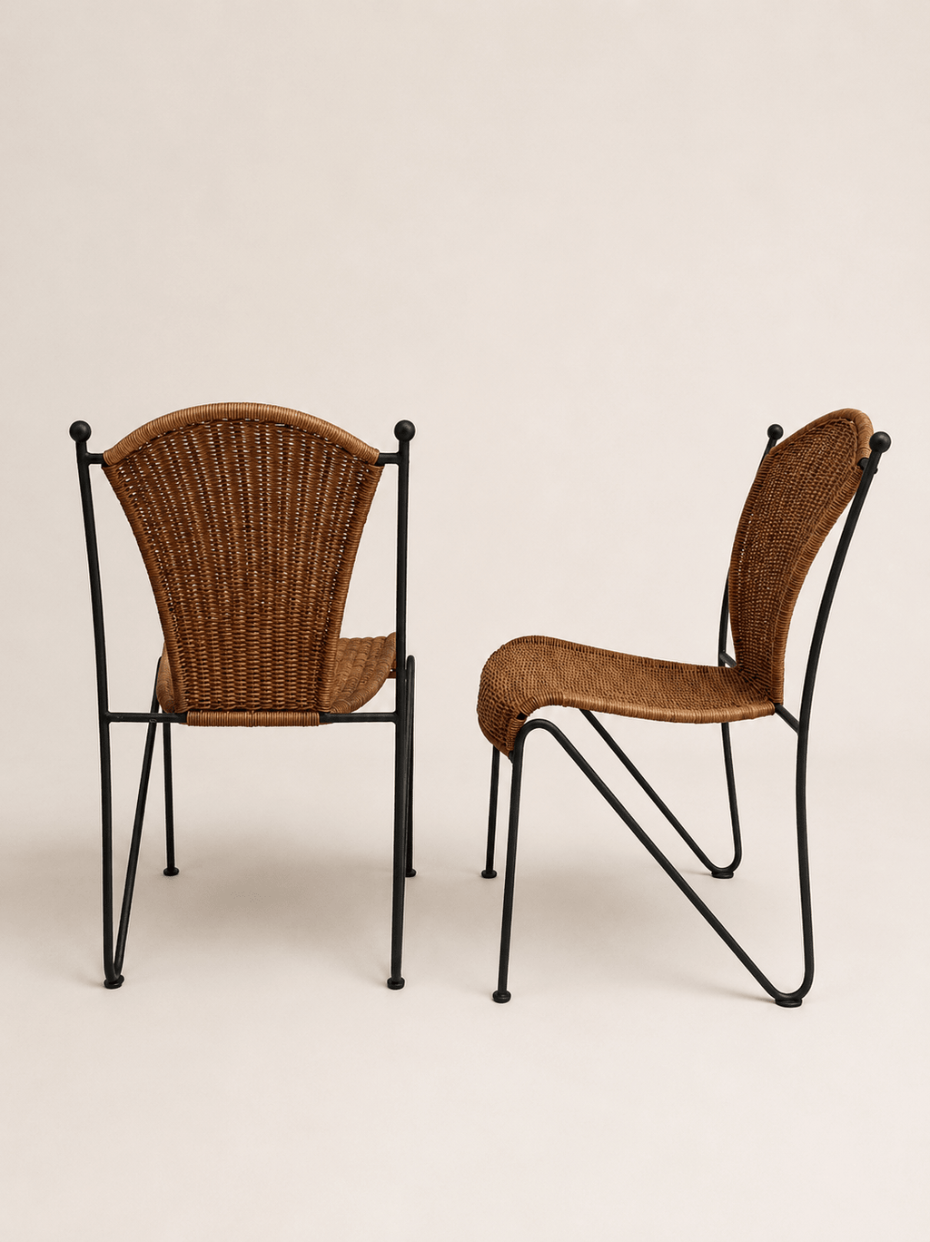 mid-century wicker and iron dining chairs - two chairs shown from the front and side