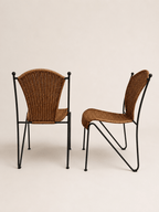 mid-century wicker and iron dining chairs - two chairs shown from the front and side